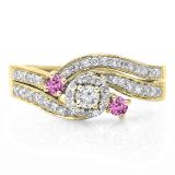0.65 Carat (ctw) 18K Yellow Gold Round Pink Sapphire & White Diamond Ladies Twisted Swirl Bridal Halo Engagement Ring With Matching Band Set