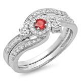 0.65 Carat (ctw) 10K White Gold Round Red Ruby & White Diamond Ladies Twisted Swirl Bridal Halo Engagement Ring With Matching Band Set