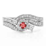 0.65 Carat (ctw) 10K White Gold Round Red Ruby & White Diamond Ladies Twisted Swirl Bridal Halo Engagement Ring With Matching Band Set
