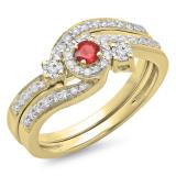 0.65 Carat (ctw) 10K Yellow Gold Round Red Ruby & White Diamond Ladies Twisted Swirl Bridal Halo Engagement Ring With Matching Band Set