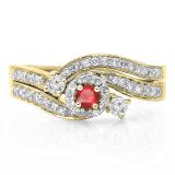 0.65 Carat (ctw) 10K Yellow Gold Round Red Ruby & White Diamond Ladies Twisted Swirl Bridal Halo Engagement Ring With Matching Band Set