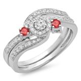 0.65 Carat (ctw) 10K White Gold Round Red Ruby & White Diamond Ladies Twisted Swirl Bridal Halo Engagement Ring With Matching Band Set