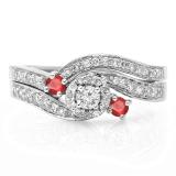 0.65 Carat (ctw) 10K White Gold Round Red Ruby & White Diamond Ladies Twisted Swirl Bridal Halo Engagement Ring With Matching Band Set