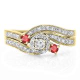 0.65 Carat (ctw) 18K Yellow Gold Round Red Ruby & White Diamond Ladies Twisted Swirl Bridal Halo Engagement Ring With Matching Band Set