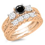 1.50 Carat (ctw) 14K Rose Gold Round Cut Black & White Diamond Ladies Vintage 3 Stone Bridal Engagement Ring With Matching 4 Stone Wedding Band Set 1 1/2 CT