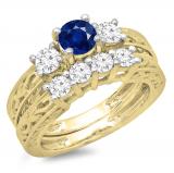 1.50 Carat (ctw) 10K Yellow Gold Round Cut Blue Sapphire & White Diamond Ladies Vintage 3 Stone Bridal Engagement Ring With Matching 4 Stone Wedding Band Set 1 1/2 CT