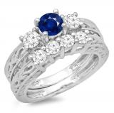 1.50 Carat (ctw) 14K White Gold Round Cut Blue Sapphire & White Diamond Ladies Vintage 3 Stone Bridal Engagement Ring With Matching 4 Stone Wedding Band Set 1 1/2 CT