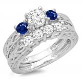 1.50 Carat (ctw) 10K White Gold Round Cut Blue Sapphire & White Diamond Ladies Vintage 3 Stone Bridal Engagement Ring With Matching 4 Stone Wedding Band Set 1 1/2 CT