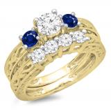 1.50 Carat (ctw) 10K Yellow Gold Round Cut Blue Sapphire & White Diamond Ladies Vintage 3 Stone Bridal Engagement Ring With Matching 4 Stone Wedding Band Set 1 1/2 CT