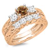 1.50 Carat (ctw) 10K Rose Gold Round Cut Champagne & White Diamond Ladies Vintage 3 Stone Bridal Engagement Ring With Matching 4 Stone Wedding Band Set 1 1/2 CT