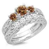 1.50 Carat (ctw) 10K White Gold Round Cut Champagne & White Diamond Ladies Vintage 3 Stone Bridal Engagement Ring With Matching 4 Stone Wedding Band Set 1 1/2 CT