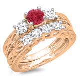 1.50 Carat (ctw) 10K Rose Gold Round Cut Red Ruby & White Diamond Ladies Vintage 3 Stone Bridal Engagement Ring With Matching 4 Stone Wedding Band Set 1 1/2 CT