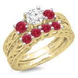 1.50 Carat (ctw) 10K Yellow Gold Round Cut Red Ruby & White Diamond Ladies Vintage 3 Stone Bridal Engagement Ring With Matching 4 Stone Wedding Band Set 1 1/2 CT