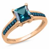 1.60 Carat (ctw) 10K Rose Gold Princess & Round Cut London Blue Topaz Ladies Bridal Solitaire With Accents Engagement Ring
