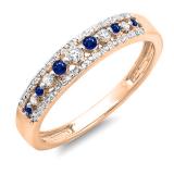 0.25 Carat (ctw) 10k Rose Gold Round Blue Sapphire & White Diamond Ladies Anniversary Wedding Band Ring 1/4 CT