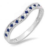 0.15 Carat (ctw) 10K White Gold Round Blue Sapphire & White Diamond Ladies Anniversary Wedding Band Guard Ring