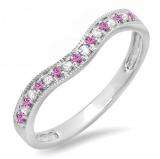 0.15 Carat (ctw) 10K White Gold Round Pink Sapphire & White Diamond Ladies Anniversary Wedding Band Guard Ring