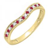 0.15 Carat (ctw) 10K Yellow Gold Round Red Ruby & White Diamond Ladies Anniversary Wedding Band Guard Ring