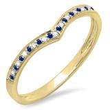 0.10 Carat (ctw) 10k Yellow Gold Round Real Blue Sapphire & White Diamond Ladies Wedding Stackable Band Anniversary Guard Chevron Ring 1/10 CT
