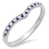 0.10 Carat (ctw) 14k White Gold Round Real Blue Sapphire & White Diamond Ladies Wedding Stackable Band Anniversary Guard Chevron Ring 1/10 CT