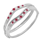 0.12 Carat (ctw) 14K White Gold Round Red Ruby & White Diamond Ladies Anniversary Enhancer Guard Wedding Band