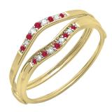 0.12 Carat (ctw) 14K Yellow Gold Round Red Ruby & White Diamond Ladies Anniversary Enhancer Guard Wedding Band