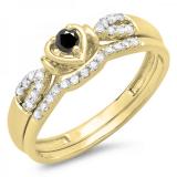0.25 Carat (ctw) 10k Yellow Gold Round Black & White Diamond Ladies Heart Shaped Bridal Engagement Ring Matching Band Set 1/4 CT