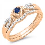 0.25 Carat (ctw) 10k Rose Gold Round Blue Sapphire & White Diamond Ladies Heart Shaped Bridal Engagement Ring Matching Band Set 1/4 CT