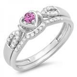 0.25 Carat (ctw) 10k White Gold Round Pink Sapphire & White Diamond Ladies Heart Shaped Bridal Engagement Ring Matching Band Set 1/4 CT