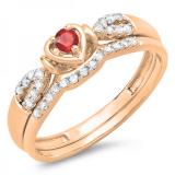 0.25 Carat (ctw) 10k Rose Gold Round Red Ruby & White Diamond Ladies Heart Shaped Bridal Engagement Ring Matching Band Set 1/4 CT
