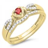 0.25 Carat (ctw) 10k Yellow Gold Round Red Ruby & White Diamond Ladies Heart Shaped Bridal Engagement Ring Matching Band Set 1/4 CT