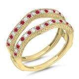 0.45 Carat (ctw) 18K Yellow Gold Round Red Ruby & White Diamond Ladies Anniversary Wedding Band Milgrain Guard Double Ring 1/2 CT