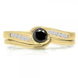 0.50 Carat (ctw) 14K Yellow Gold Round Black & White Diamond Ladies Bridal Engagement Ring Set Matching Band 1/2 CT