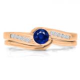 0.50 Carat (ctw) 10K Rose Gold Round Blue Sapphire & White Diamond Ladies Bridal Engagement Ring Set Matching Band 1/2 CT