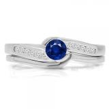 0.50 Carat (ctw) 14K White Gold Round Blue Sapphire & White Diamond Ladies Bridal Engagement Ring Set Matching Band 1/2 CT