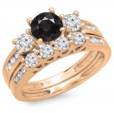 1.80 Carat (ctw) 10K Rose Gold Round Black & White Diamond Ladies Bridal 3 Stone Engagement Ring With Matching Band Set