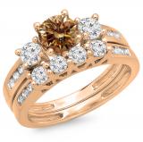 1.80 Carat (ctw) 10K Rose Gold Round Champagne & White Diamond Ladies Bridal 3 Stone Engagement Ring With Matching Band Set