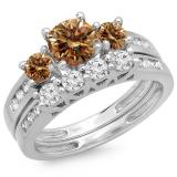 1.80 Carat (ctw) 14K White Gold Round Champagne & White Diamond Ladies Bridal 3 Stone Engagement Ring With Matching Band Set