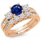 1.80 Carat (ctw) 10K Rose Gold Round Blue Sapphire & White Diamond Ladies Bridal 3 Stone Engagement Ring With Matching Band Set