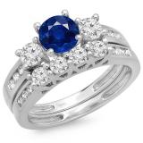 1.80 Carat (ctw) 10K White Gold Round Blue Sapphire & White Diamond Ladies Bridal 3 Stone Engagement Ring With Matching Band Set