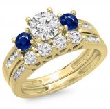 1.80 Carat (ctw) 10K Yellow Gold Round Blue Sapphire & White Diamond Ladies Bridal 3 Stone Engagement Ring With Matching Band Set