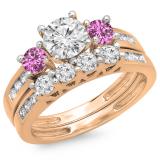 1.80 Carat (ctw) 10K Rose Gold Round Pink Sapphire & White Diamond Ladies Bridal 3 Stone Engagement Ring With Matching Band Set