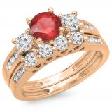 1.80 Carat (ctw) 10K Rose Gold Round Red Ruby & White Diamond Ladies Bridal 3 Stone Engagement Ring With Matching Band Set