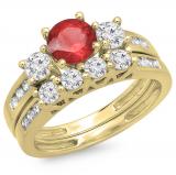 1.80 Carat (ctw) 10K Yellow Gold Round Red Ruby & White Diamond Ladies Bridal 3 Stone Engagement Ring With Matching Band Set
