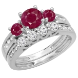 1.80 Carat (ctw) 10K White Gold Round Red Ruby & White Diamond Ladies Bridal 3 Stone Engagement Ring With Matching Band Set