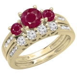 1.80 Carat (ctw) 14K Yellow Gold Round Red Ruby & White Diamond Ladies Bridal 3 Stone Engagement Ring With Matching Band Set