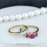 1.80 Carat (ctw) 14K Yellow Gold Round Red Ruby & White Diamond Ladies Bridal 3 Stone Engagement Ring With Matching Band Set