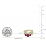 1.80 Carat (ctw) 14K Yellow Gold Round Red Ruby & White Diamond Ladies Bridal 3 Stone Engagement Ring With Matching Band Set