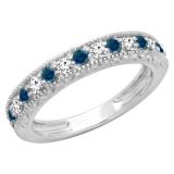 0.55 Carat (ctw) 14K White Gold Round Cut Blue & White Diamond Ladies Milgrain Anniversary Wedding Stackable Band 1/2 CT