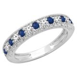 0.55 Carat (ctw) 10K White Gold Round Cut Blue Sapphire & White Diamond Ladies Milgrain Anniversary Wedding Stackable Band 1/2 CT